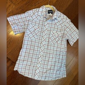 Wrangler Men's Casual Plaid Shirt Pearl Snap - Pink/Red, Blue, and White